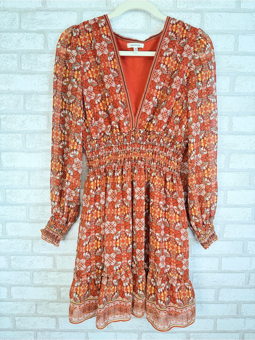 Max Studio Rust Floral Long-Sleeve Smocked Mini Dress - Picture 2 of 9